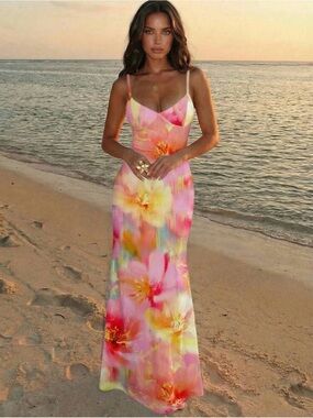 Floral Maxi Dress with Spaghetti Straps - Pink